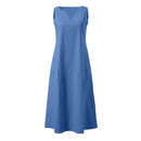 Breathable Summer Women Midi Dress Linen Blend Notch V Neck Dress Button Sleeveless Loose Fit Dresses Comfy Casual Beach Outfit