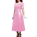 Elegant Women Midi Dress Shiny PVC Leather Turn-down Collar Patchwork Single-Breasted Long Dress Party Club  A-line Female Dress