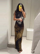 Vintage Floral Printed Midi Dress Women Backless Satin Halter Cutout Bodycon Split Hem Party Dresses 2026 Summer Elegant Gown