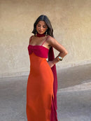 Color Blocking Scarf Collar Sling Dress Sexy Waist Cinching Chic Split Bodycon Maxi Dresses 2026 Lady Club Party Vestido