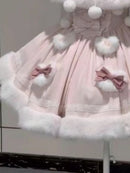 Japanese Lolita Two Pieces Set Women Sweet Patchwork Furry Slip Dress + Sweet Cute Rabbit's Ears Hooded Cape Coat JK Bow Suit