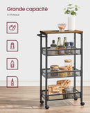VASAGLE 4-Tier Trolley, Space-Saving Kitchen Cart with Wheels, Steel Frame, Handle, Trolley for Small Spaces, 22 x 45.5 x 77 cm