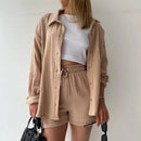 Summer Women Pajamas Fashion 100% Cotton Pink Loose Fitting Casual Pajamas 2-Piece Shorts Lace Up Lady Homewear Wearing Outside