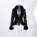 Sexy Lace Patchwork Women's Fur Coat V-Neck Full Sleeve Waist-Closed Lady Coats 2026 Autumn Winter Chic Female Streetwear