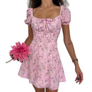 2024 New Summer Casual Off Shoulder Tie Up Floral Print A-Line Dress Sexy Women Short Sleeve Slim Mini Dress for Club Party