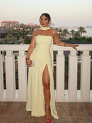 The Aurelian | Butter Yellow Mesh-Spliced Asymmetric Evening Gown