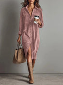 Retro Chic Women Midi Dress Corduroy Fabric Lapel Collar Popular Button Front Loose Fit Long Sleeve Comfy Casual Daily Outfit