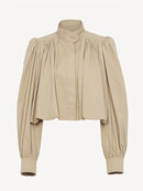 Fashion Stand Collar Short Jacket Women Long Puff Sleeve Single-breasted Pleated Women's Coat 2025 Autumn Lady Outwears Street
