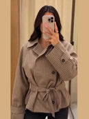 Chic Grid Belt Women's Coat Double Breasted Lapel Lace-Up Long Sleeve Lady Coats 2026 Autumn Fashion Female Vintage Jacket Lady