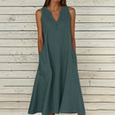 Breathable Summer Women Midi Dress Linen Blend Notch V Neck Dress Button Sleeveless Loose Fit Dresses Comfy Casual Beach Outfit