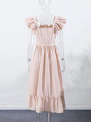 Flying Sleeve Ruffle Striped Slip Long Dress Women Elegant Square Collar Waist Cinching Pleat Party Dresses Chic Ladies Vestido