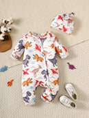 Cute Dinosaur Print Baby Boys Bodysuit, Infant Zipper Long Sleeve Romper