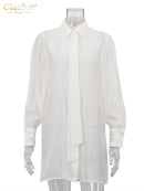 Clacive Fashion Loose White Women Blouse 2025 Casual Lapel Long Sleeve Shirt Elegant Classic Tie See Through Top Female Clothing
