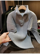 Miyake Pleated Sweatshirt Pit Stripe Zipper Standing Collar Jacket Women 2025 New Casual Pullover Hundred Pleat Skinny Tops