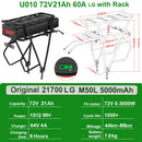 Rear Rack eBike Battery 21700 18650 52V 48V 27Ah 72V 20Ah with Rack no Rack Optional for 1500W 1000W 750W 500W 24"-28 inch