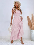 Msfilia V-neck Lotus Leaf Edge Elegant Dress Women Spring Summer Printed Long Dress