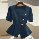 2025 ZANZEA Elegant Puff Sleeve Work Blouses Women Summer Shirts Square Neck Stylish Solid Buttons Tunic Tops Waisted OL Blusas