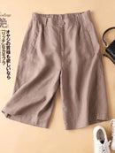 亚麻女士夏季短裤休闲松紧腰白色短裤纯色基础款宽松阔腿棉麻女士高腰短裤