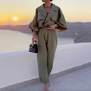 Women Long-sleeve Button Coat Top Long Pants Outfits Solid Elegant Commute Suit Fall Casual High Fashion Blazer Lapel Simple Set