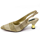 Venus Chan High Heels Shoes for Women Embroidery Rhinestone Italian Design Gold Color Pointed Toe Shoes and Bags Set Fashio
