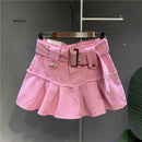Fashion Patchwork Pleated Denim Skirt for Women's High-Waist Casual Loose A-Line Skirts Female 2023 Spring New