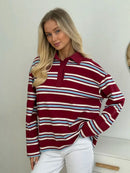 Bornladies Spring Summer New Women's Retro Striped Polo Collar Oversized Long Sleeve T - Shirt Trendy Casual Loose Basic Top