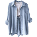 Summer Women Pajamas Fashion 100% Cotton Pink Loose Fitting Casual Pajamas 2-Piece Shorts Lace Up Lady Homewear Wearing Outside