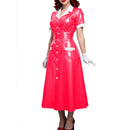 Elegant Women Midi Dress Shiny PVC Leather Turn-down Collar Patchwork Single-Breasted Long Dress Party Club  A-line Female Dress