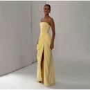 The Aurelian | Butter Yellow Mesh-Spliced Asymmetric Evening Gown