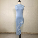 Start New 2022 Asymmetrical Wavy Hem Round Collar Sky Blue black Striped Knit Sleeveless Dress sexy female knitting dress