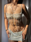 Sexy y2k clothes metal rhinestone corset crop top women summer nightclub party tops for woman see through beach halter tank top