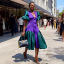 Couture Contrast Color Mid Calf Women Blazer Dresses V-neck Short Puffy Sleeves Fashion Women Dress Many Color Available