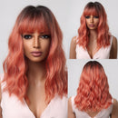 JONRENAU Middle Long Straight Hair with Bangs Ombre Brown to Blonde Wig Dark Roots Synthetic Wigs for Women Heat Resistance Hair