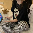 夏季女童两件套睡衣短袖裤子圆领家居服薄款弹力宽松柔软格子卡通印花可爱