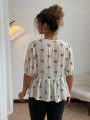 Plus Size Spring/Summer New Arrivals Romantic Holiday Bow-Pattern Puff Sleeve Tie-Front Blouse Casual Wear