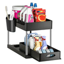 Kitchen Bathroom Under Sink Organizer 2-Tier Sliding Storage Basket Multipurpose Shelf with Hanging Cup and Hook Accessories