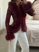 Sexy Lace Patchwork Women's Fur Coat V-Neck Full Sleeve Waist-Closed Lady Coats 2026 Autumn Winter Chic Female Streetwear