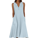 Breathable Summer Women Midi Dress Linen Blend Notch V Neck Dress Button Sleeveless Loose Fit Dresses Comfy Casual Beach Outfit