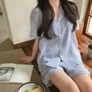 韩版女式睡衣短裤套装 口袋家居服睡衣两件套 夏季睡衣纽扣居家服 纯色睡衣 2024