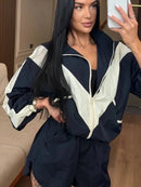 Casual Paneled Contrast Women's Pants Sets Stand Collar Zipper Cropped Jackets Elastic Wide Leg Pant 2026 Autumn Lady Tracksuits