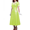 Elegant Women Midi Dress Shiny PVC Leather Turn-down Collar Patchwork Single-Breasted Long Dress Party Club  A-line Female Dress