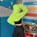 Female Cut Out Crop Top Hoodie Long Sleeve Hooded Pullover Sweatshirt Drop Shoulder Drawstring Hoodie Crop Jumper-Top