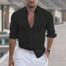 New Men's Shirt Cotton linen Casual Polo Neck Beach Shirt Long Sleeve Solid Hawaiian Holiday Shirts Streetwear