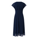 Womens Dresses Wedding Party Bridesmaid Elegant V Neck Chiffon Dress Slim High Waist Flutter Sheer Mesh Sleeve Long Dresses