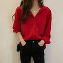 JOEVILU Red Chiffon Shirt Women French Elegant Long Sleeve Blouses Spring and Autumn Korean Fashion Tops Casual Sunscreen Jacket