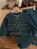 Spring and Autumn Girls' Denim Suit Baby Fashionable Children's Personalized Trendy Brand Korean Style Retro Denim Jacket Raw Ed