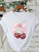 Neck Casual Tops for Summer Spring Women's Clothing Fashion Cherry Print Women T-Shirt Short Sleeve Crew