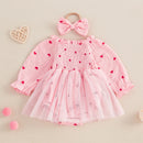 Newborn Clothes Baby Girl Autumn Romper Dress Long Sleeve Crew Neck Red Heart Print Jumpsuit with Bow Headband