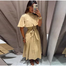 Women Trench Style Midi Dress Stand Collar Cape Overlay Short Sleeve Belted Waist A‑Line Dresses Autumn Elegant Office Outfits