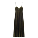 HH 2025 Women Red V-Neck Holiday Style Satin Texture Long Dress Sleeveless Summer Women's Back Zipper Fashion Sling Dresses